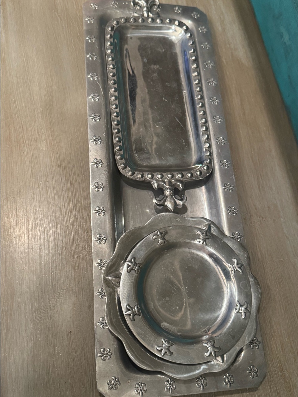 Set of 4 -Silver Metal Decorative Trays Fleur de Lis